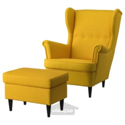 صندلی راحتی و زیرپایی ایکیا مدل IKEA STRANDMON رنگ زرد اسکیفتبو