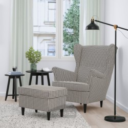 صندلی راحتی و زیرپایی ایکیا مدل IKEA STRANDMON رنگ مشکی ویبربو/بژ
